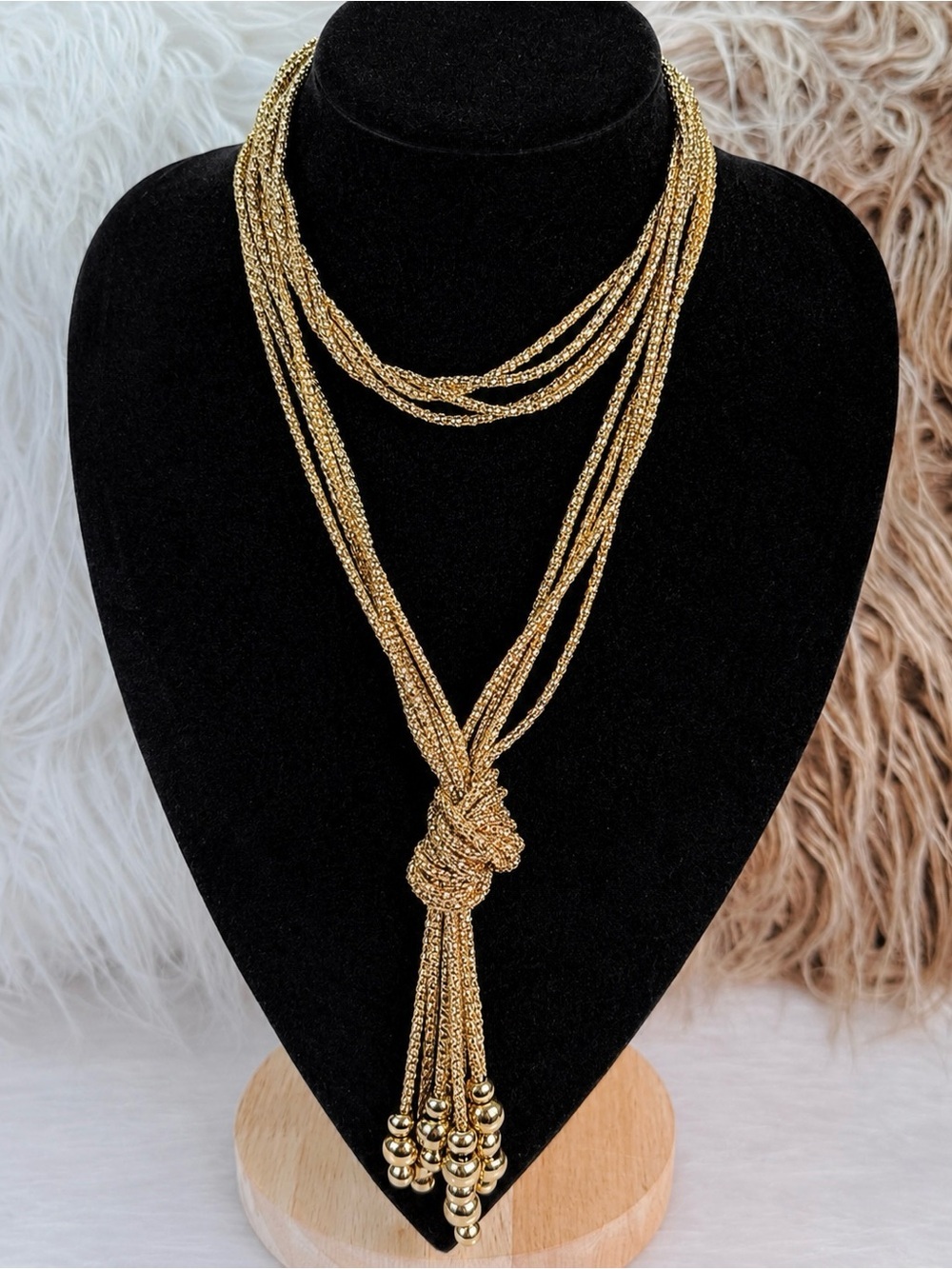 Vintage Aged Goldtone Multi Strand Beaded Fringe Necklace